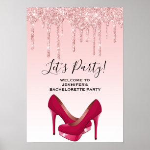Modern Pink Glitter Drips & Heels Bachelorette Poster