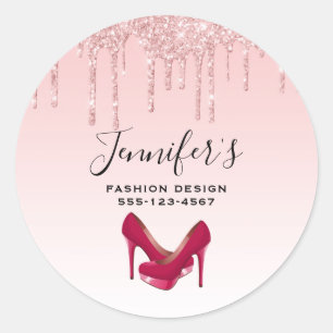 Modern Pink Glitter Drips & High Heels Business Classic Round Sticker