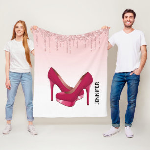 Modern Pink Glitter Drips & High Heels Fleece Blanket