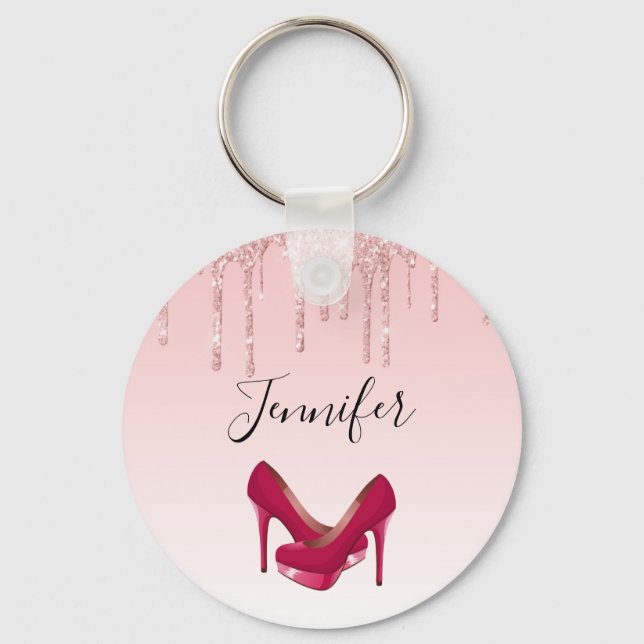 Modern Pink Glitter Drips & High Heels Key Ring (Front)