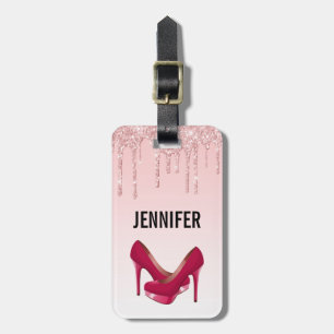 Modern Pink Glitter Drips & High Heels Luggage Tag