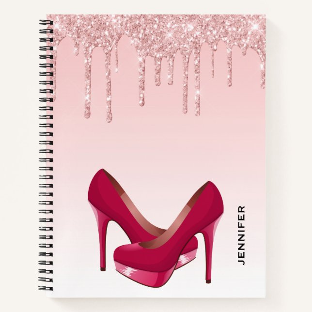 Modern Pink Glitter Drips & High Heels Notebook (Front)