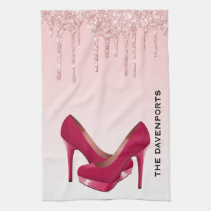 Modern Pink Glitter Drips & High Heels Tea Towel