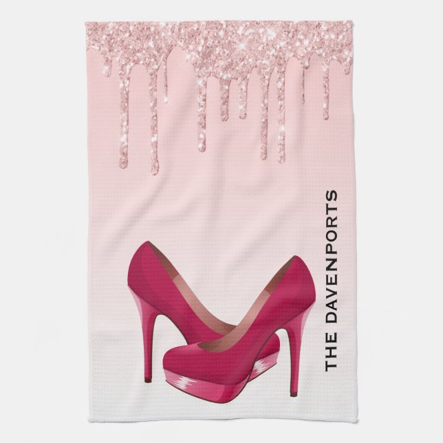 Modern Pink Glitter Drips & High Heels Tea Towel (Vertical)