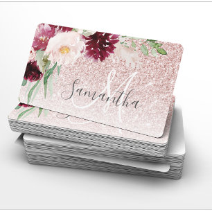 Modern Pink Glitter & Flower Sparkle With Name Business Card