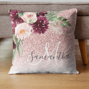 Modern Pink Glitter & Flower Sparkle With Name Cushion