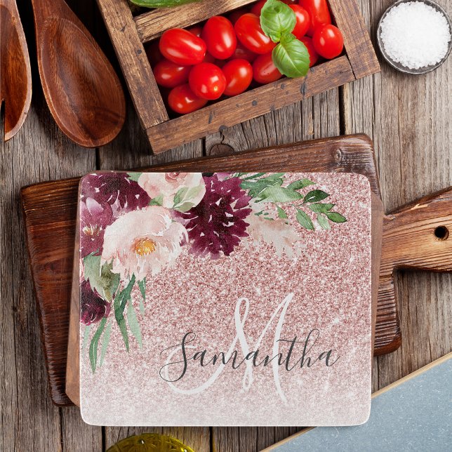 Modern Pink Glitter & Flower Sparkle With Name  Cutting Board (Creator Uploaded)