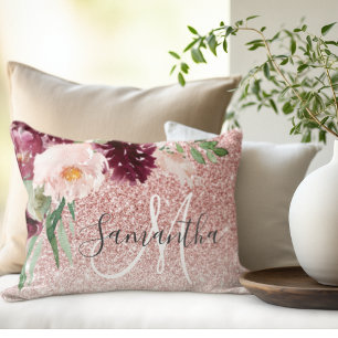 Modern Pink Glitter & Flower Sparkle With Name Decorative Cushion