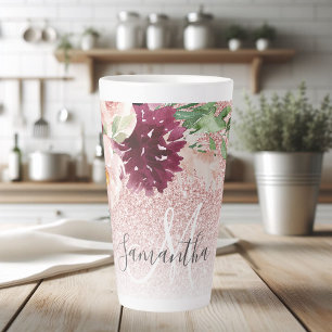 Modern Pink Glitter & Flower Sparkle With Name Latte Mug