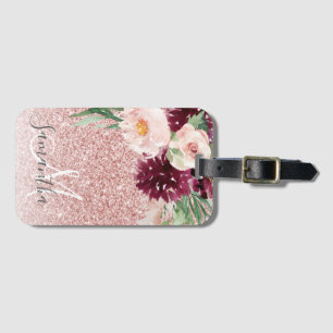 Modern Pink Glitter & Flower Sparkle With Name Luggage Tag