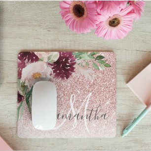 Modern Pink Glitter & Flower Sparkle With Name  Mouse Pad