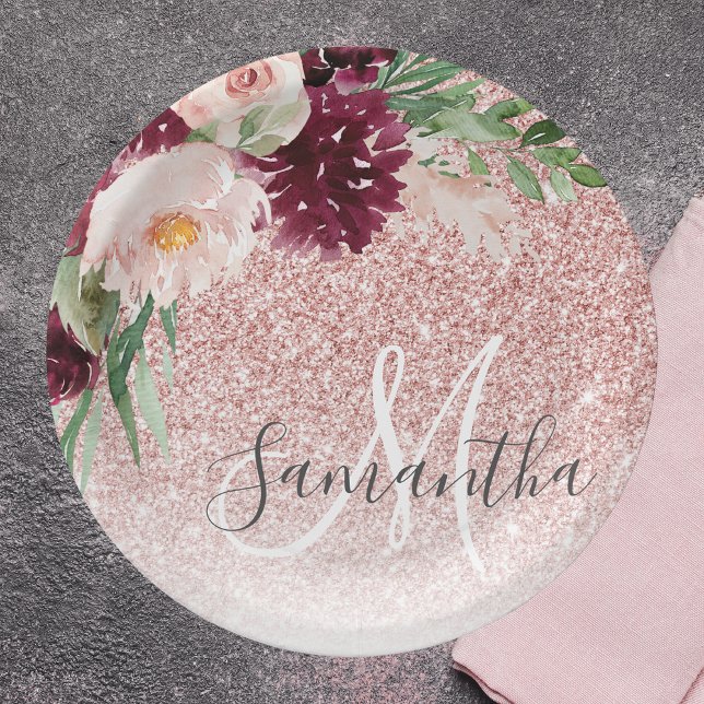 Modern Pink Glitter & Flower Sparkle With Name  Paper Plate (Creator Uploaded)