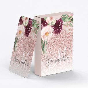 Modern Pink Glitter & Flower Sparkle With Name  Playing Cards