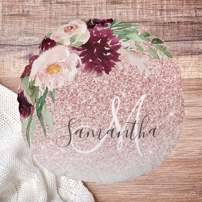 Modern Pink Glitter & Flower Sparkle With Name  Round Cushion (Creator Uploaded)