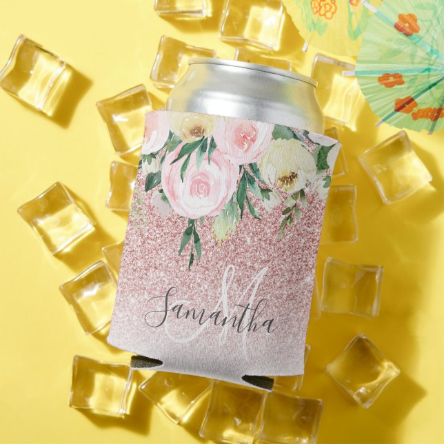 Modern Pink Glitter & Flowers Sparkle With Name Can Cooler (In Situ Summer)