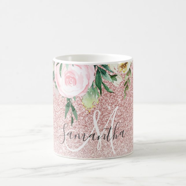 Modern Pink Glitter & Flowers Sparkle With Name Coffee Mug (Center)