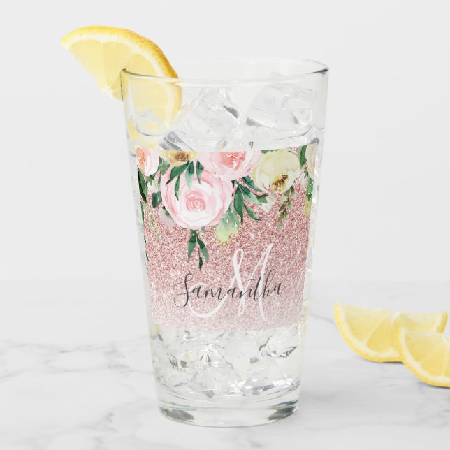 Modern Pink Glitter & Flowers Sparkle With Name Glass (Front Ice)