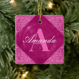 Modern Pink Glitter Girly Monogram Ceramic Ornament