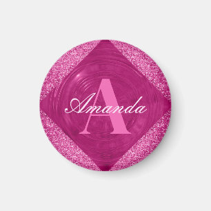 Modern Pink Glitter Girly Monogram Magnet