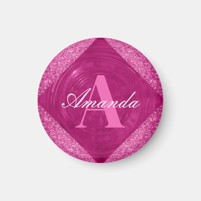 Modern Pink Glitter Girly Monogram Magnet (Front)
