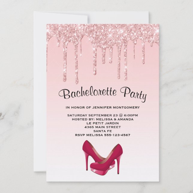 Modern Pink Glitter High Heels Bachelorette Invitation (Front)