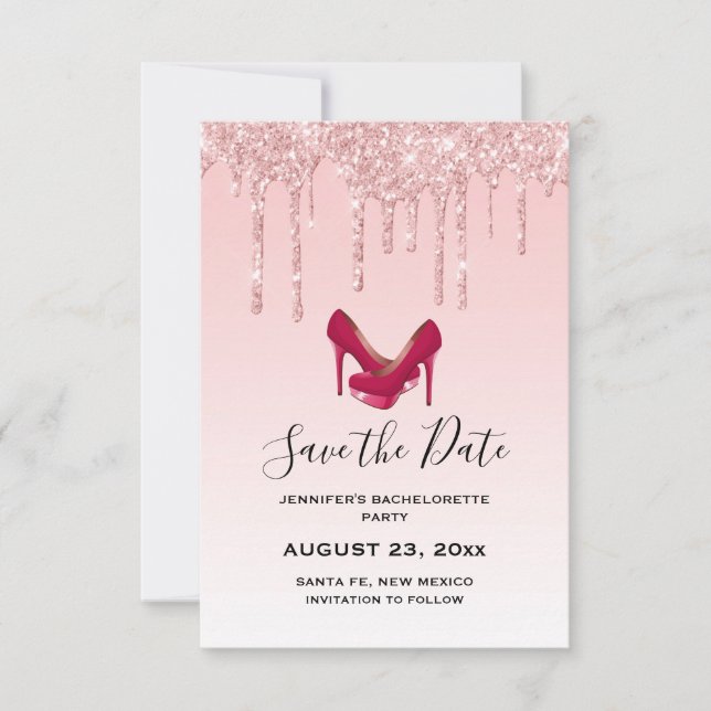 Modern Pink Glitter High Heels Bachelorette Save The Date (Front)