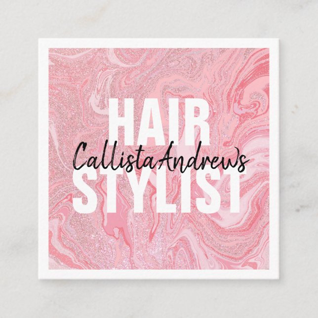 Modern Pink Glitter Liquid Marble Hairstylist Square Business Card (Front)