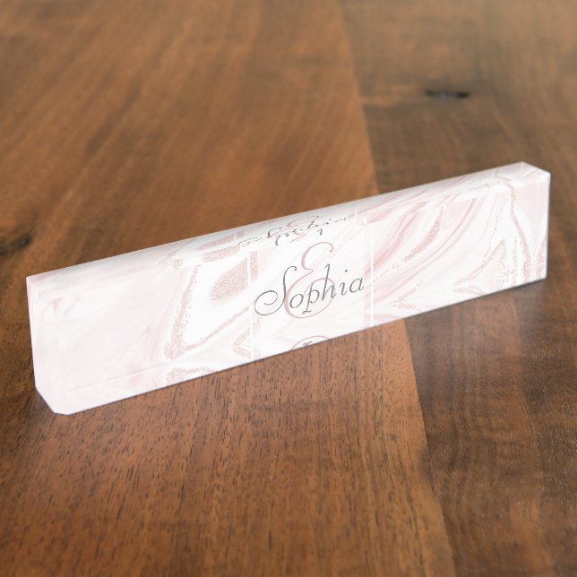 Modern Pink Glitter Marble Nameplate (Side)