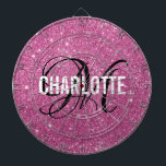Modern pink glitter monogram name dart board<br><div class="desc">Modern pink glitter dart board with a white typography name and black monogram. Personalise with name and initial.</div>