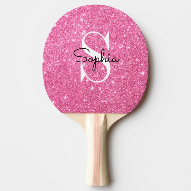 Modern Pink Glitter Monogram Personalised Name Ping Pong Paddle (Front)