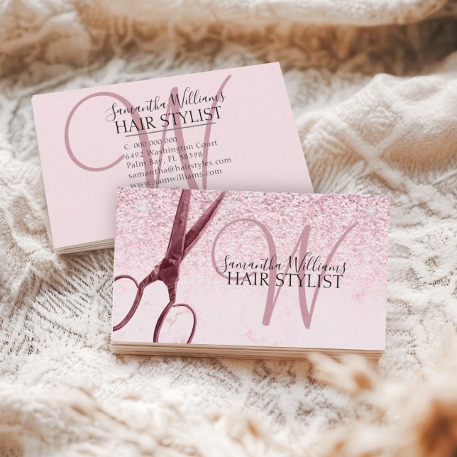 Modern Pink Glitter Monogram Scissor Hair Stylist  Business Card (Creator Uploaded)