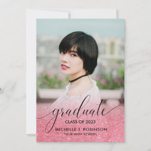 Modern Pink Glitter Ombre Girly Photo Graduation Announcement