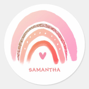 Modern Pink Glitter Personalised Rainbow Classic Round Sticker