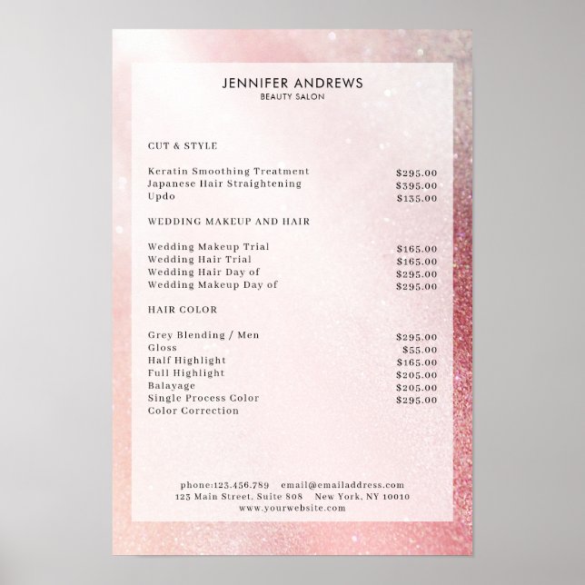 Modern Pink Glitter Salon Price List  Poster (Front)