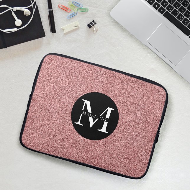 Modern Pink Glitter Sparkle Monogram Name Laptop Sleeve (Creator Uploaded)