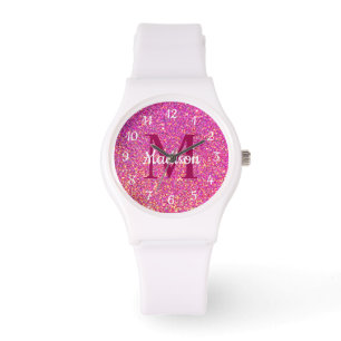 Modern Pink Glitter Sparkle Monogram Personalised Watch