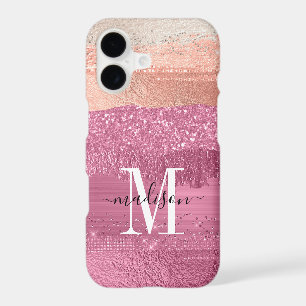 Modern Pink Glitter Sparkle Monogram Script Brush