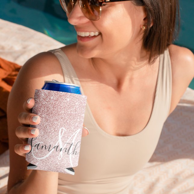 Modern Pink Glitter Sparkles Personalised Name Can Cooler (Creator Uploaded)