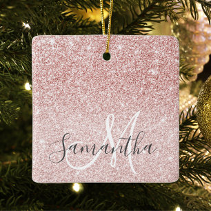 Modern Pink Glitter Sparkles Personalised Name Ceramic Ornament