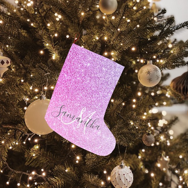 Modern Pink Glitter Sparkles Personalised Name Large Christmas Stocking (Creator Uploaded)
