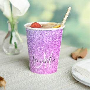 Modern Pink Glitter Sparkles Personalised Name Paper Cups