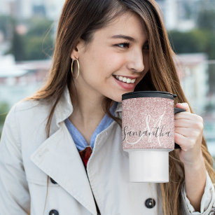 Modern Pink Glitter Sparkles Personalised Name Travel Mug