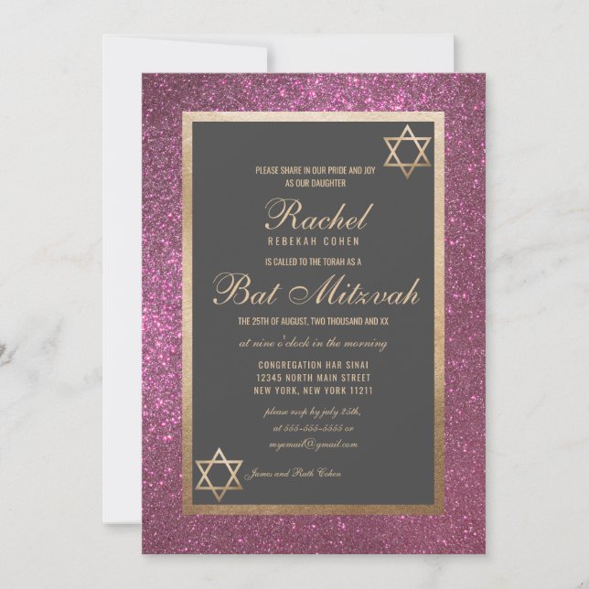 Modern Pink Glitter Thick Border Bat Mitzvah Invitation (Front)