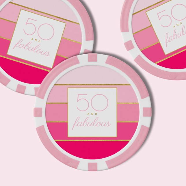 Modern Pink & Gold 50 and fabulous birthday Poker Chips (50 and fabulous, pink and gold striped custom poker chips for 50th birthday party celebrations.)
