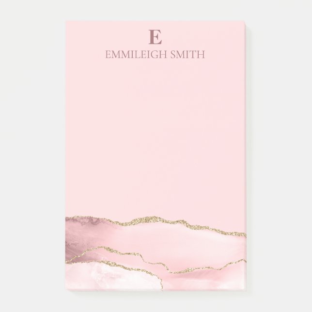 Modern Pink Gold Agate Marble Monogram Post-it Notes (Front)