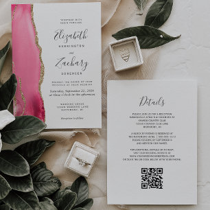 Modern Pink Gold Agate QR Code Wedding Invitation