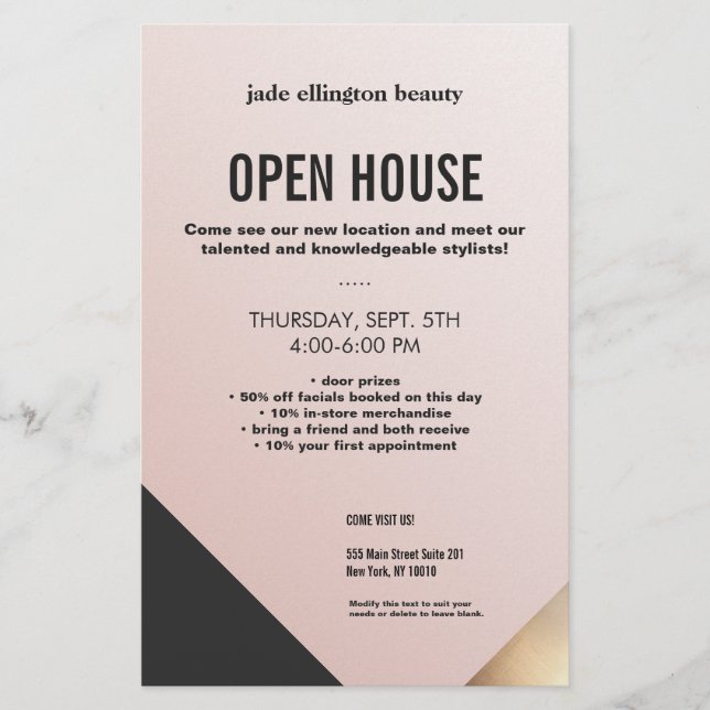 Modern Pink Gold and Black Colorblock Beauty Salon Flyer (Front)