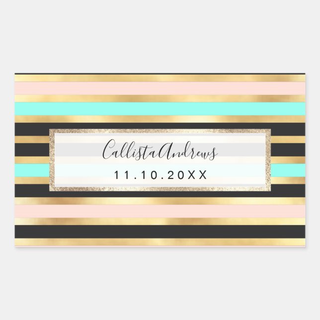 Modern Pink Gold Aqua Teal Stripes Pattern Rectangular Sticker (Front)