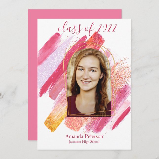 Modern Pink & Gold Arched Graduation Announcement (Front/Back)