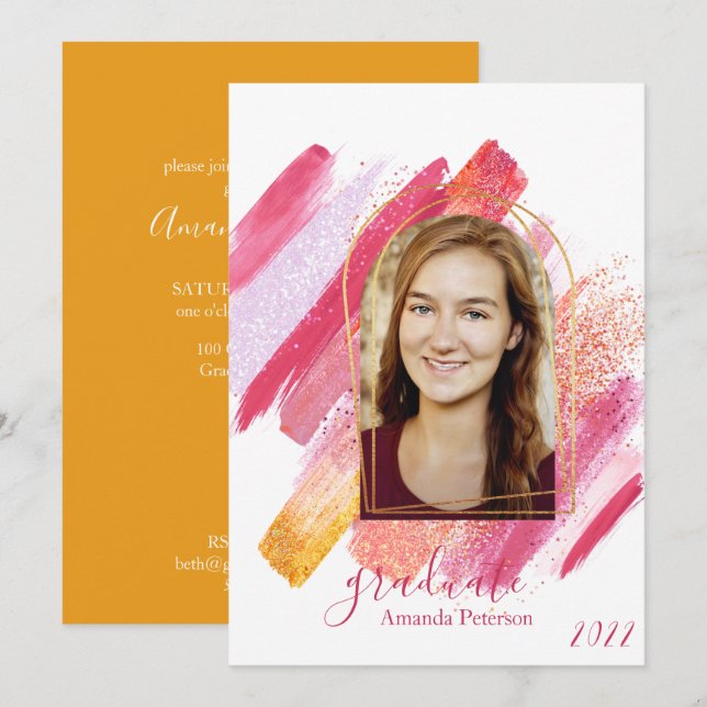Modern Pink & Gold Arched Graduation Invitation (Front/Back)